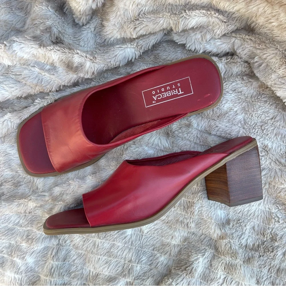 TRIBECA Studio Red Slide Sandals with Low Block Heel - Picture 2 of 8